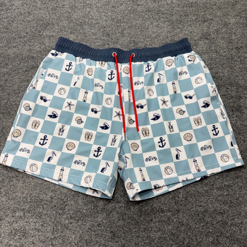 Swannies Men Blue Nautical Checkered Swim Trunks Board Shorts Size 38 Drawstring